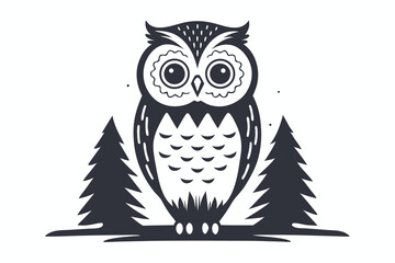 Stylized Owl Icon with Two Pine Trees on White Background