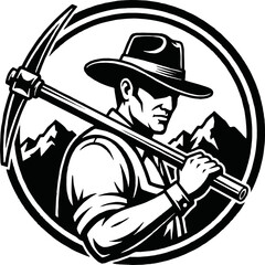A strong miner with a pickaxe, set against a mountain backdrop.