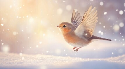 Delicate Robin in Winter, Poised for Flight Amidst Gentle Snowfall Scene