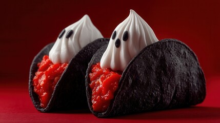 Halloween food concept. Halloween-themed dessert tacos with ghostly meringue toppings.