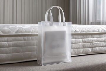 Clear plastic shopping bag with white bedding