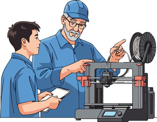 Isolated a kinds of deferent Sharing knowledge. Experienced senior engineer instructing his young intern about 3D printers while pointing at the important parts of mechanism Vector art .