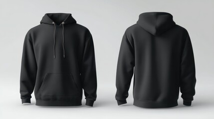 Black hoodie front and back view. Blank mock up of sweatshirt uniform. Clothes for street style, casual wear, and branding presentation. Empty space for design.