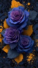 A vivid Violet rose against a deep black figure, accented with elegant yellow floral designs that add a touch of romance and sophistication. Vivid Violet Rose with Elegant Yellow Floral Accents Black