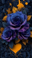 A vivid Violet rose against a deep black figure, accented with elegant yellow floral designs that add a touch of romance and sophistication. Vivid Violet Rose with Elegant Yellow Floral Accents Black