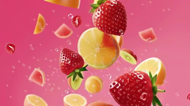 a pink background with fruit slices floating in the air