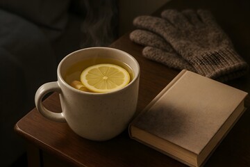 Cozy winter scene with warm tea, a book, and knitted gloves, inviting relaxation and comfort on a cold day indoors. 