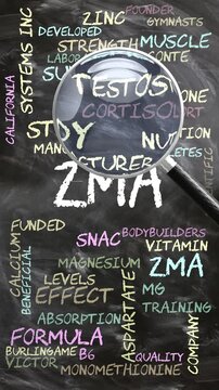 Zma being studied, examined - under close inspection. Most important subjects and ideas closely related to zma written as a word cloud on a blackboard inspected by a magnifying glass. Can be looped