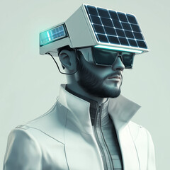 Man wearing a futuristic solar panel headgear and sunglasses in a white jacket against a light background