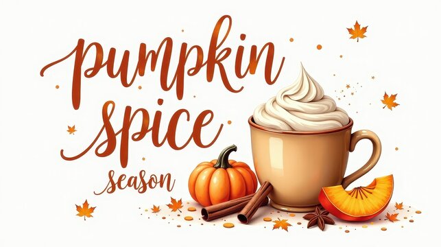 "Pumpkin Spice Season" lettering in watercolor pastel tones, cozy autumn elements around pumpkin spice latte mug with whipped cream, cinnamon sticks