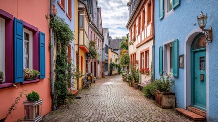 Cobblestone street winds through a colorful village with old european buildings. Charming narrow alley concept for travel and tourism.