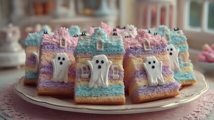 Halloween food concept. Colorful ghost-shaped cookies arranged on a decorative plate.