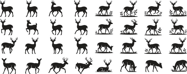 Silhouette Deer Poses Icons Set. Wildlife, Antlers, Forest, Hunting. Vector Illustration Isolate on White Background