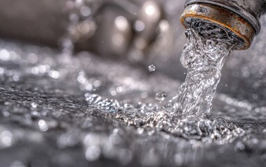 Water pouring from a faucet, splashing into a sink. Close-up view of water droplets and splashes