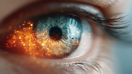 Close up of an eye with circuit board pattern. Concept of biometric identification, artificial intelligence. Data processing vision.