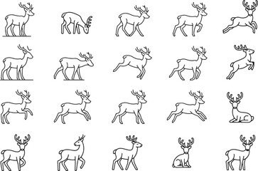 Deer Poses Line Icons Set. Wildlife, Antlers, Forest, Hunting. Editable Stroke. Vector Illustration