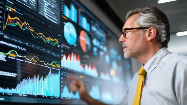 Data Analyst at Work: A focused data analyst in glasses meticulously examines intricate charts and graphs displayed on expansive monitors, capturing his in-depth analysis and problem-solving