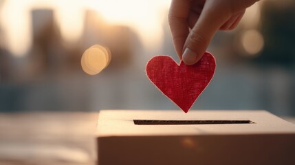 Woman hand dropping red heart into donation box. Charity and support concept for Valentine's Day and medical aid.