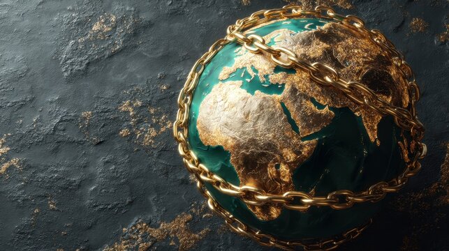 Planet earth wrapped in golden chain, symbolizing global restriction and control. Concept of crisis, poverty, and environmental issues. - Powered by Adobe