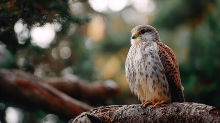 A falcon or hawk perched on a tree branch, showcasing its beautiful plumage and a watchful gaze. Wildlife and nature concept.