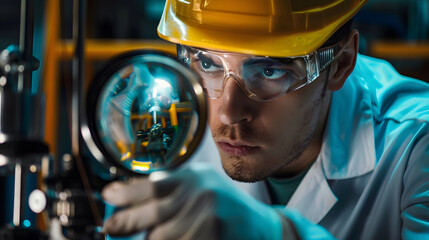 Worker reviewing product defects with a magnifying, Quality Control