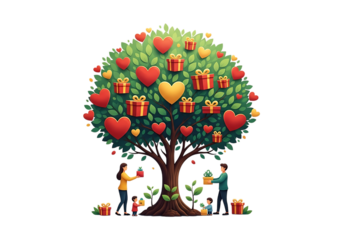 Family planting a tree adorned with hearts and gifts, symbolizing love, generosity, and togetherness, isolated on transparent background