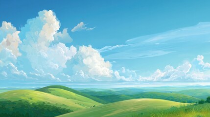 Obraz premium A landscape with green rolling hills under a blue sky with fluffy white clouds, representing nature and environment