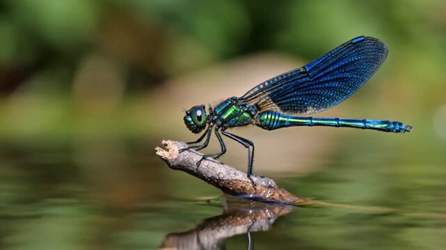 Closeup of a vibrant blue and green dragonfly resting on a twig above calm water with detailed wings and natural background. 
