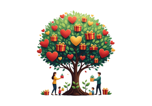 Family planting a tree adorned with hearts and gifts, symbolizing love, generosity, and togetherness, isolated on transparent background