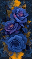 A vivid Violet rose against a deep black figure, accented with elegant yellow floral designs that add a touch of romance and sophistication. Vivid Violet Rose with Elegant Yellow Floral Accents Black