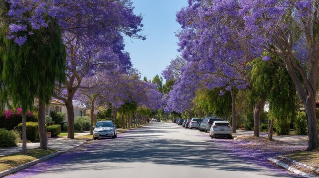 Residential street lined with jacaranda trees and purple blossoms on the ground. Beautiful spring day in suburbia. Bright weather.