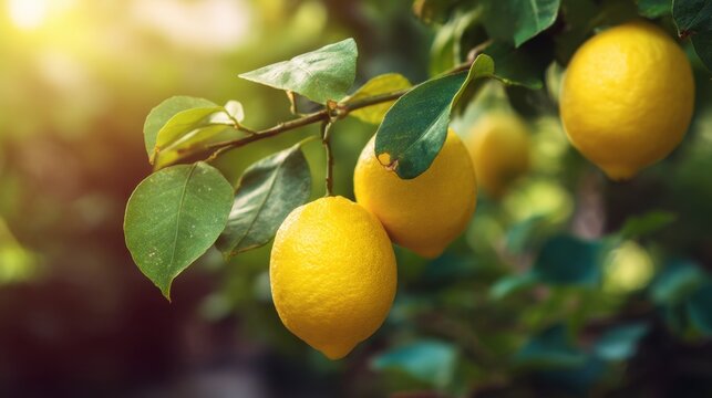 Yellow fresh lemons growing on a green tree branch with sun light. Citrus fruit hanging ready for harvest. Healthy natural food. - Powered by Adobe