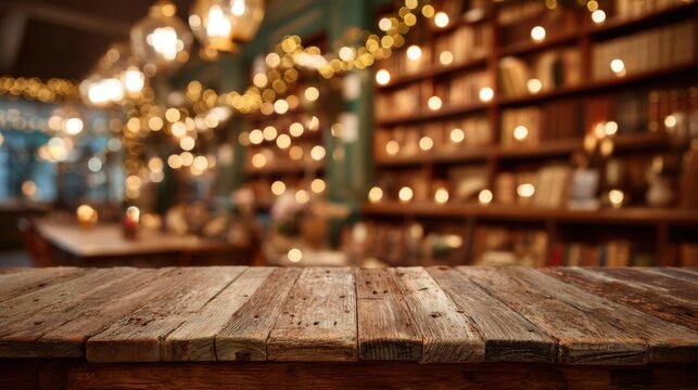 Wooden table top in a cozy, blurred library or cafe setting with warm bokeh lights. Perfect for product display.