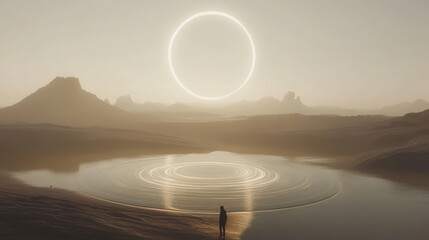 Mystical Desert Landscape with Glowing Celestial Ring and Mirrored Reflections