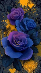 A vivid Violet rose against a deep black figure, accented with elegant yellow floral designs that add a touch of romance and sophistication. Vivid Violet Rose with Elegant Yellow Floral Accents Black