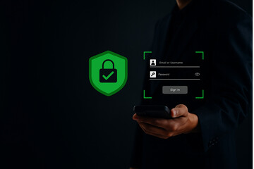 digital login security and authentication concept. businessman with mobile account sign in, password verification, encrypted access, safe digital access, identity protection and privacy protection
