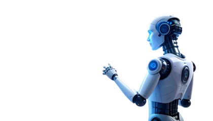Futuristic AI humanoid robot interacting with holographic interface, in a sleek modern lab setting, blue lighting isolated on solid white background Png
