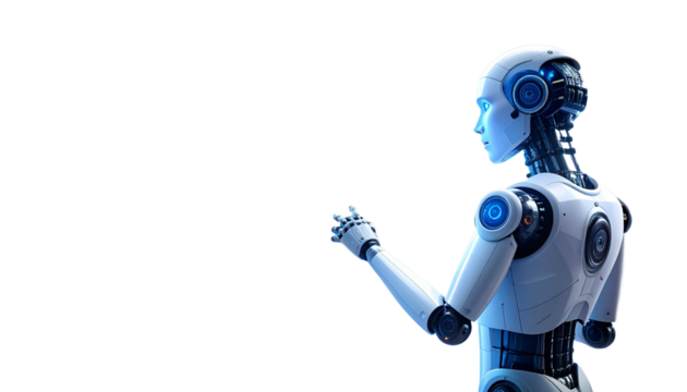 Futuristic AI humanoid robot interacting with holographic interface, in a sleek modern lab setting, blue lighting isolated on solid white background Png