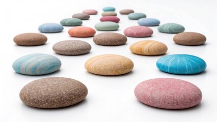 Colorful pebbles arranged in a row on white background isolated on white background, creating a path