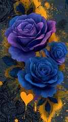 A vivid Violet rose against a deep black figure, accented with elegant yellow floral designs that add a touch of romance and sophistication. Vivid Violet Rose with Elegant Yellow Floral Accents Black