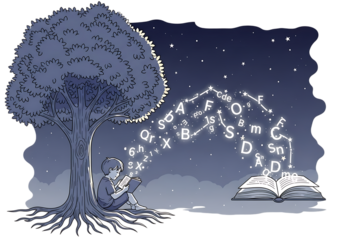 Child reading under a tree at night, with glowing letters forming constellations from an open book, symbolizing learning and imagination isolated on transparent background