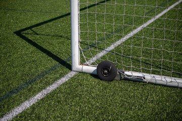 Goal nets on edge of soccer field / football pitch