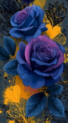 A vivid Violet rose against a deep black figure, accented with elegant yellow floral designs that add a touch of romance and sophistication. Vivid Violet Rose with Elegant Yellow Floral Accents Black