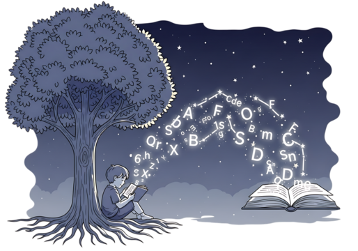Child reading under a tree at night, with glowing letters forming constellations from an open book, symbolizing learning and imagination isolated on transparent background