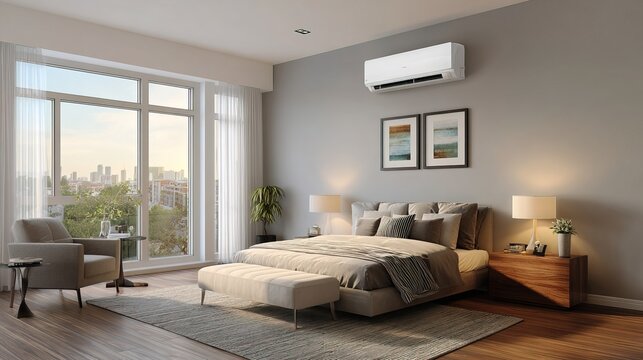 Modern bedroom design inspiration urban apartment interior photography bright atmosphere wide angle minimalist concept