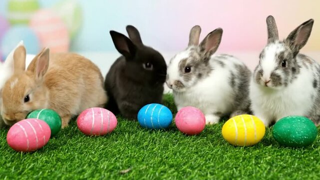 Four rabbits sit behind colorful Easter eggs on artificial grass set against a blurred pastel background