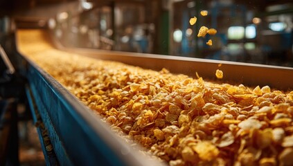 Cereal flakes on a factory conveyor belt