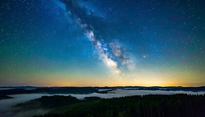 Fototapeta premium Milky way over a misty mountain range at dawn.