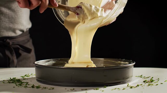 Close Up of Light Yellow Cake Batter Pouring from Clear Glass Bowl into Round Cake Pan Decorated with Green Herbs on White Marble Surface in Kitchen Studio Setting Soft Lighting Emphasizing Culinary