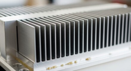 Fototapeta premium Close-up of a Brushed Aluminum Heat Sink with Parallel Fins and Subtle Yellow Adhesive